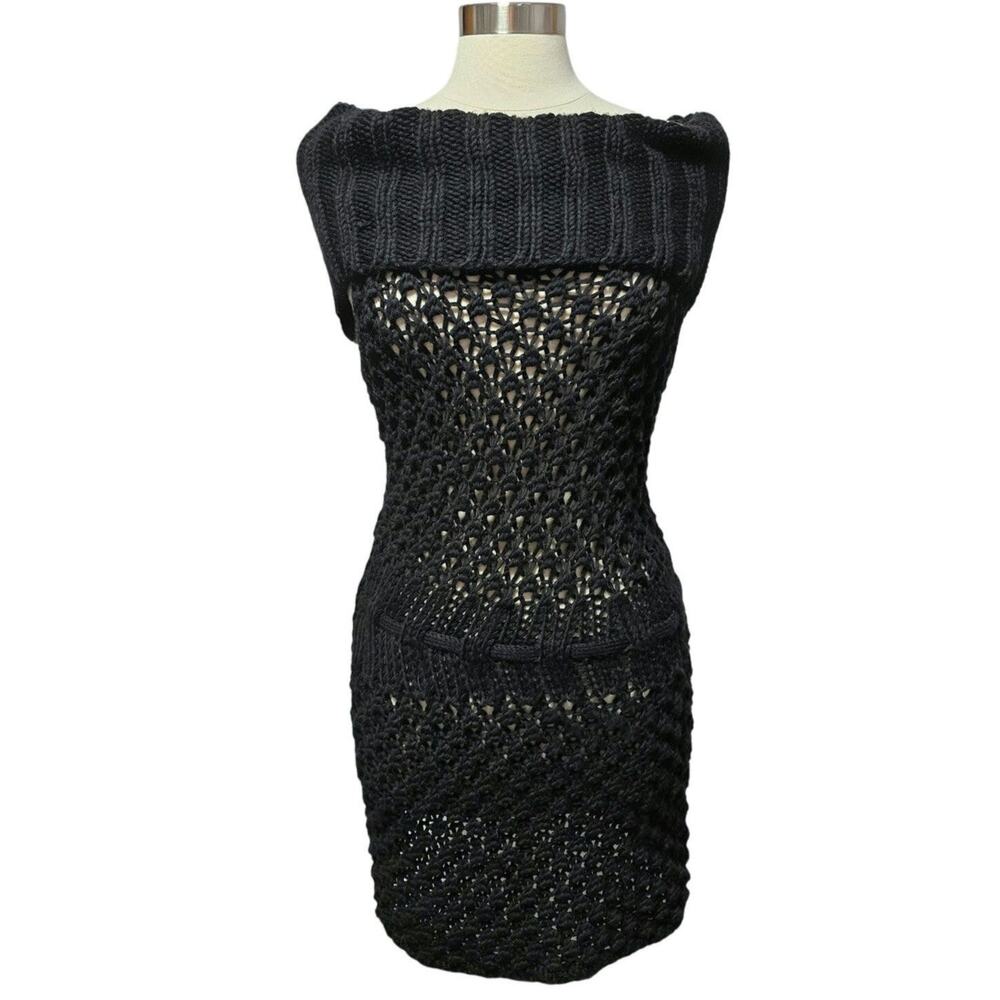 Sleeping on Snow Anthropologie Black 100% Wool Crochet Cowl Neck Mini Dress L‎